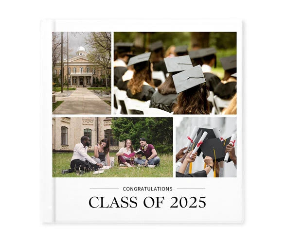 Hardcover photo book cover with collage of campus, graduates in caps and gowns, and diploma detail, labeled Class of 2025.