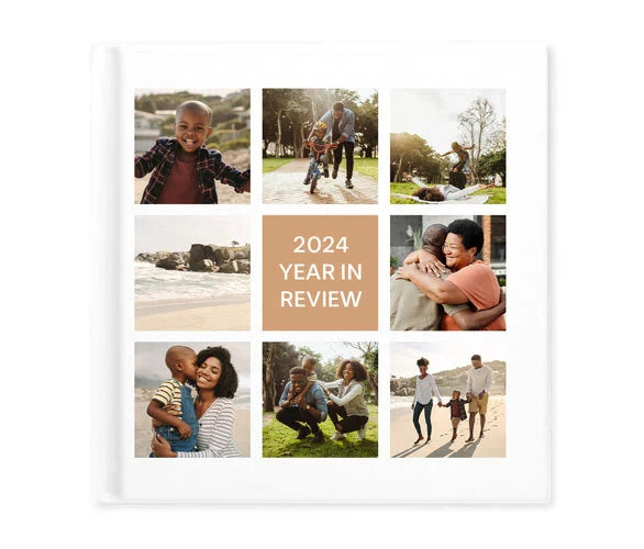 Hardcover photo book cover with nine-photo grid layout showing family moments and centered “2024 Year in Review” title block.