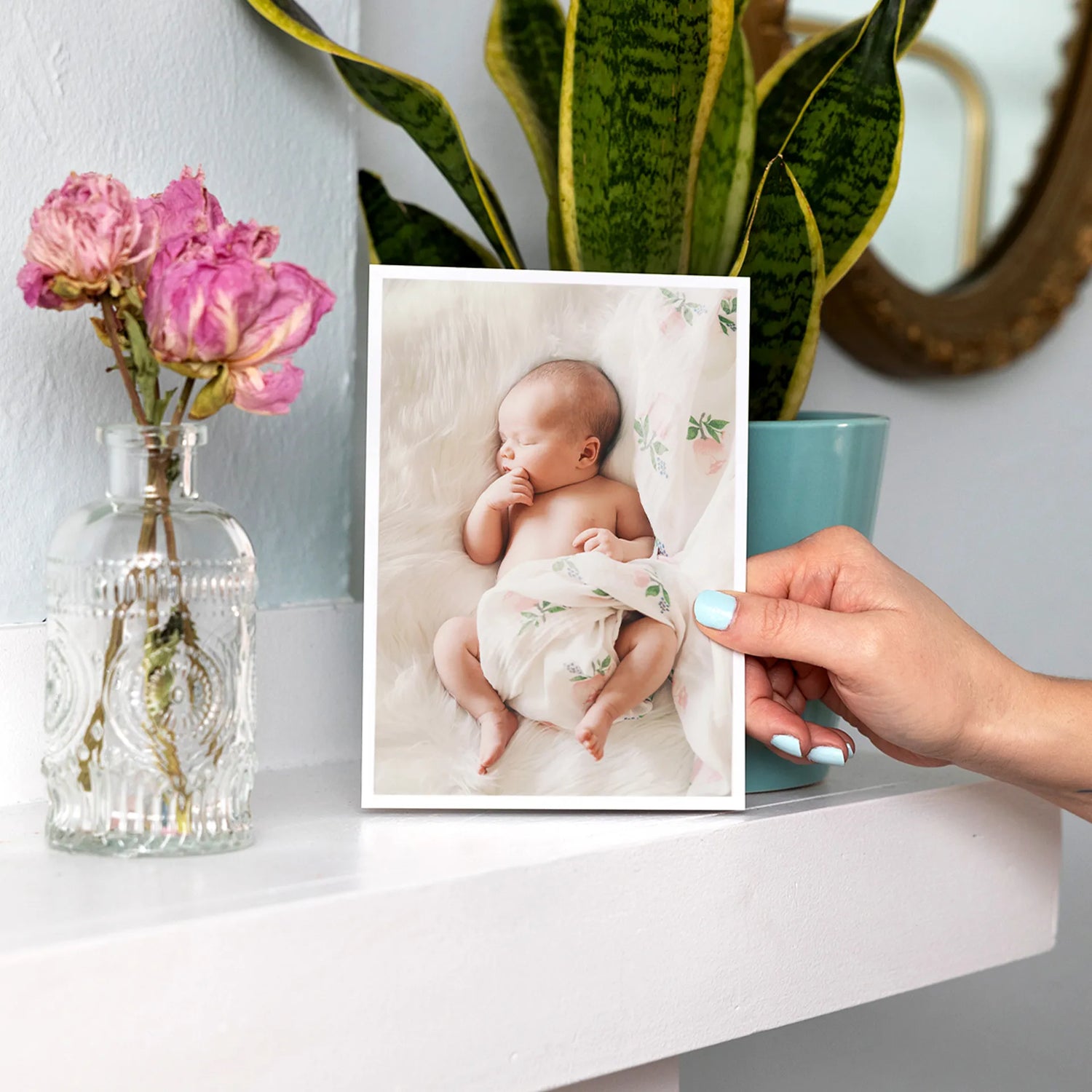 Flat photo card featuring newborn portrait displayed on white shelf beside glass vase and houseplant.