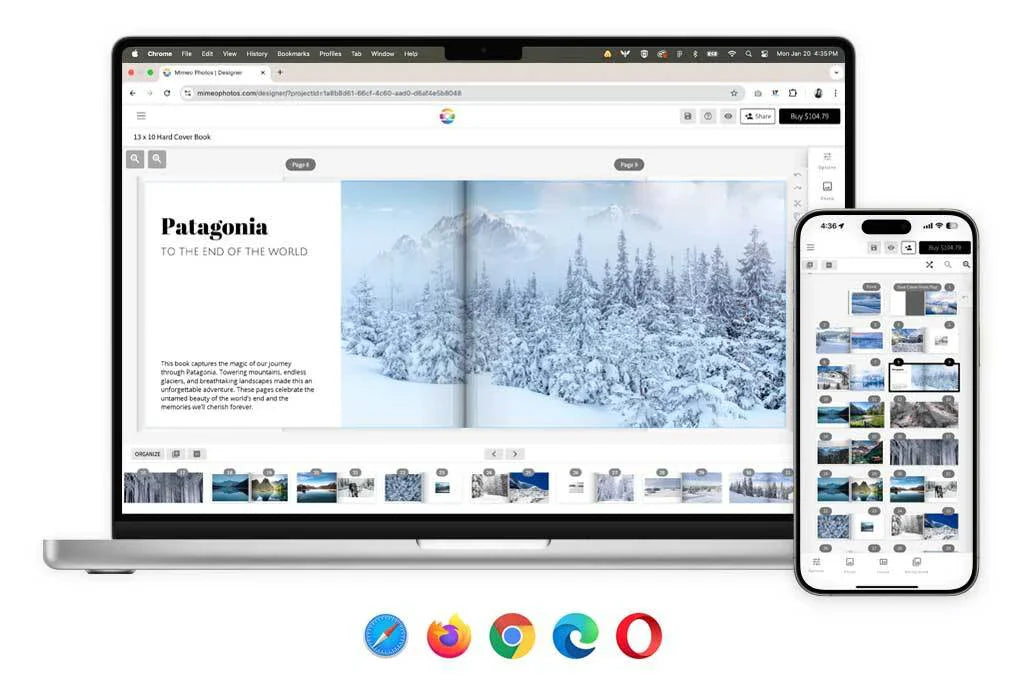 Laptop and smartphone displaying a photo book editor with a Patagonia travel spread open, with browser icons shown below to highlight cross-browser compatibility.