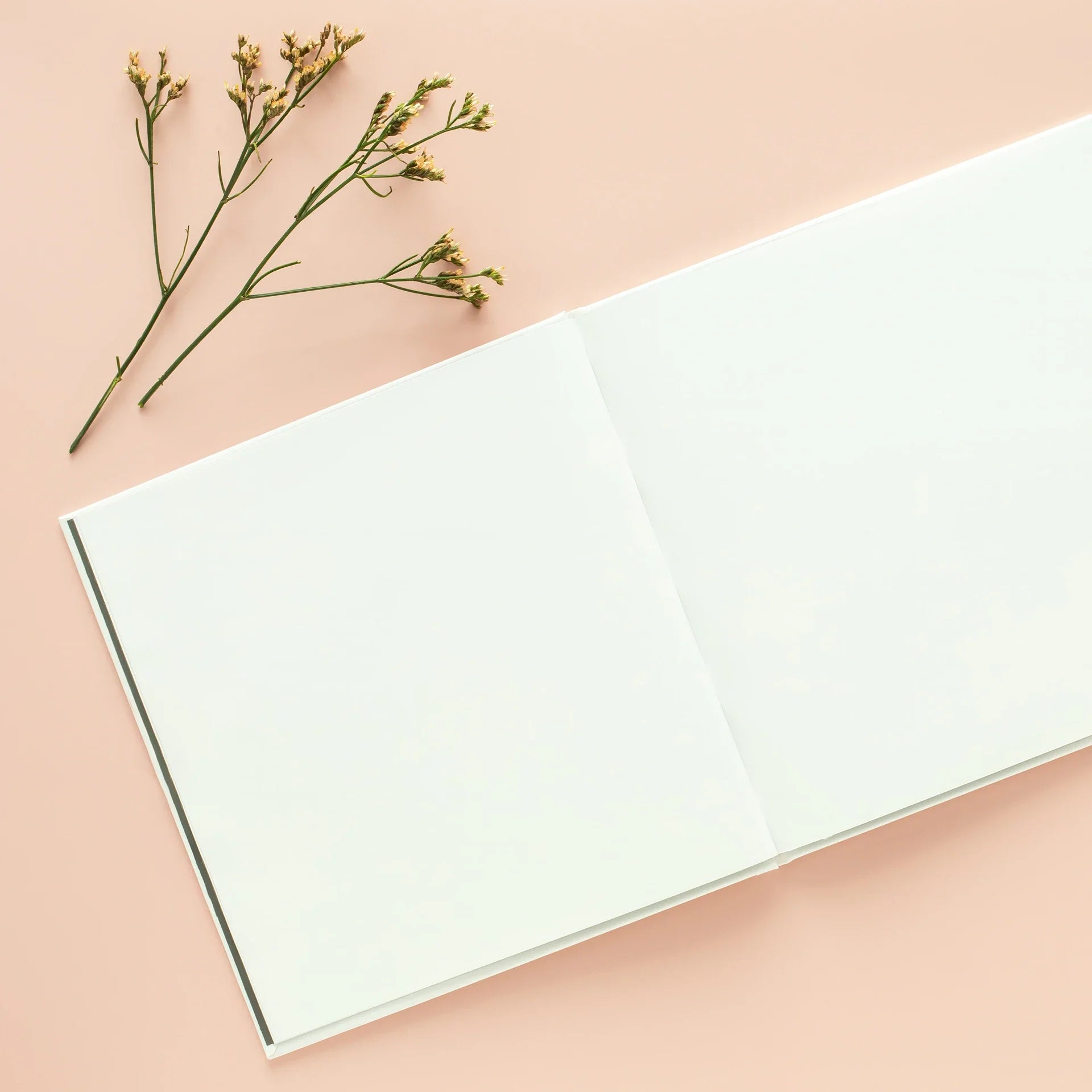 Open hardcover photo book on a pink background with a small branch of flowers