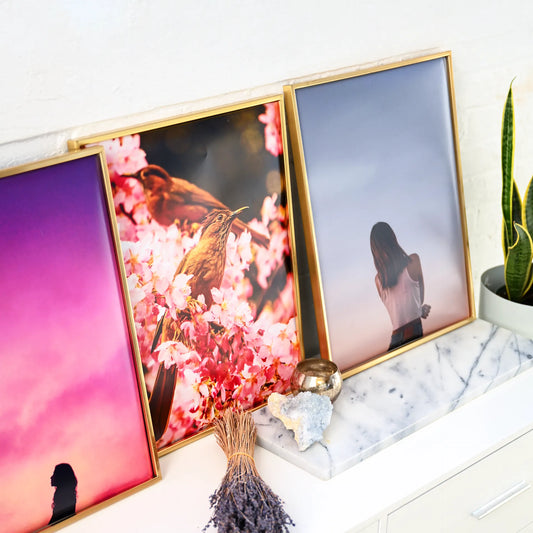 Three gold framed large-format vertical art prints displayed on a marble shelf, including a bird in pink blossoms and a woman silhouette against a gradient sky.