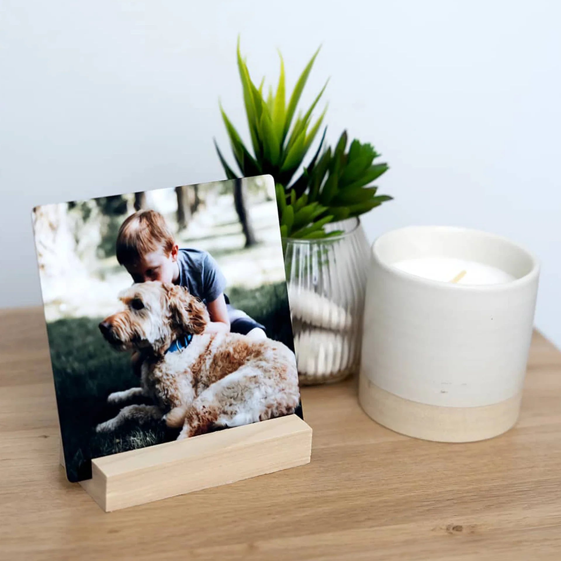 Metal desk print of a child hugging a curly-haired dog, styled on a wooden surface next to a candle and small green plant.
