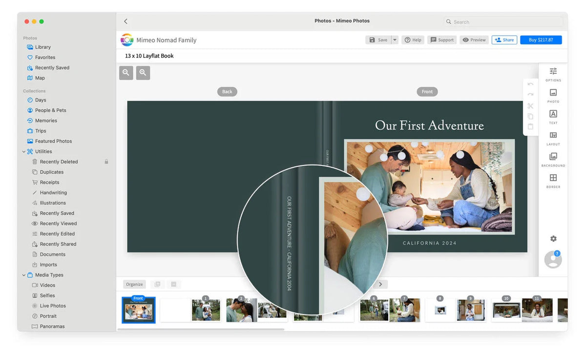 Photo book editor displaying a cover design titled “Our First Adventure – California 2024,” with a zoomed-in view highlighting the book spine text.