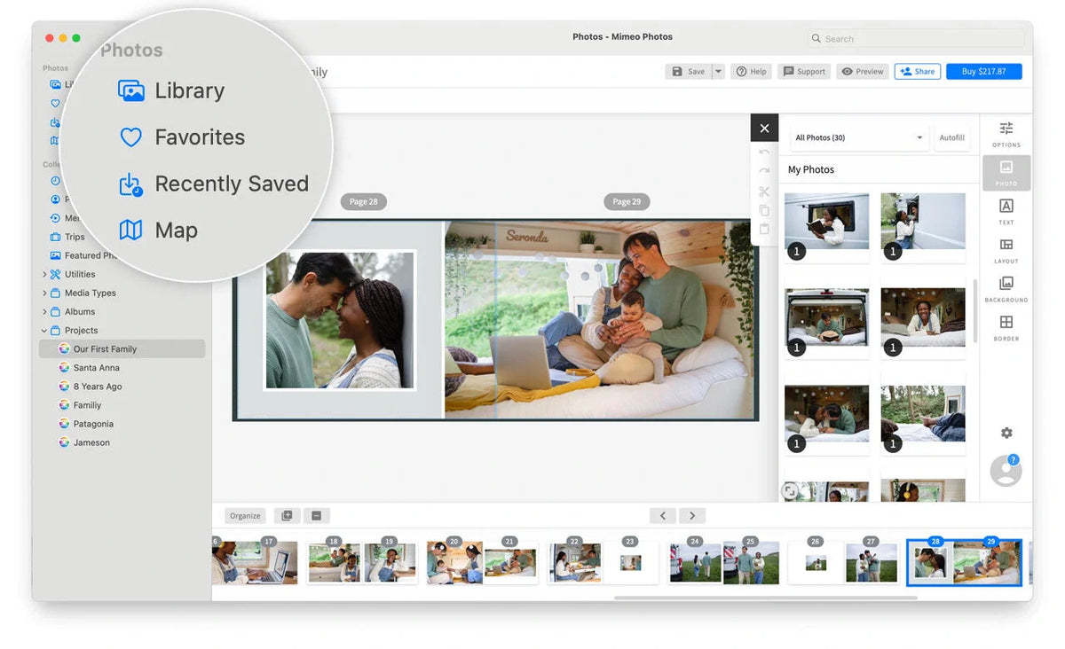 Photo book layout editor with a family spread open and a left sidebar magnified to show navigation options including Library, Favorites, Recently Saved, and Map.