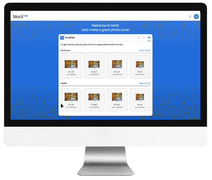 Desktop computer showing the process of creating a book using the Motif AI Print Studio book builder
