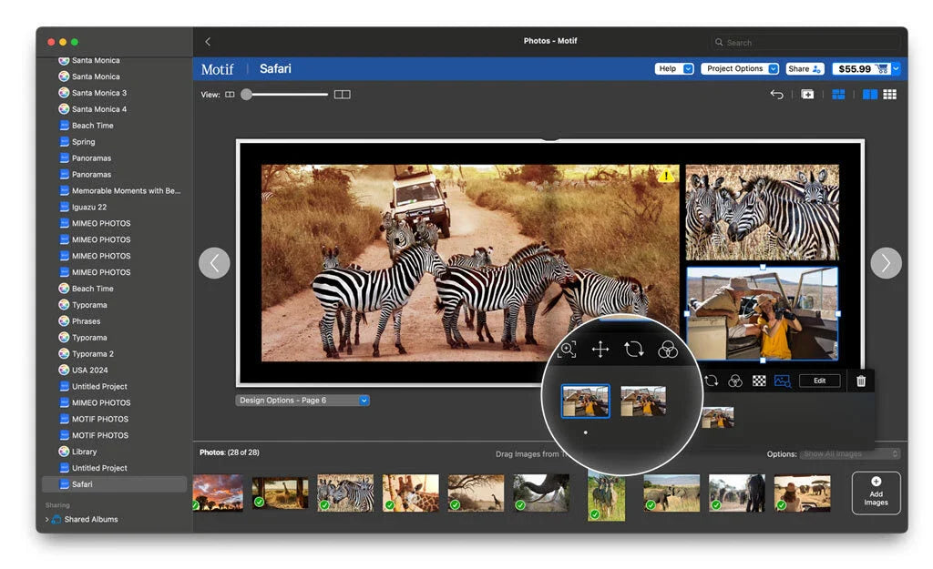 Photo book layout showing zebras crossing a dirt road with a safari jeep in the background, alongside smaller wildlife images and on-screen editing controls.