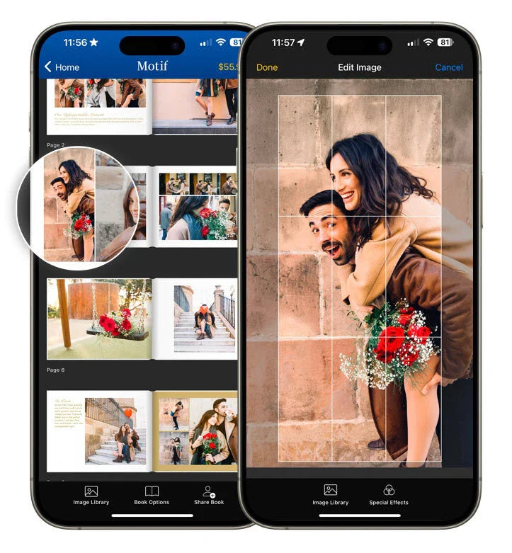 Two smartphones displaying a photo book app, with one screen showing page thumbnails and the other showing an image editing view with crop grid lines over a couple’s portrait.