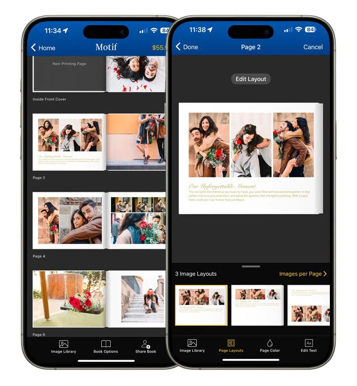 Two smartphone screens showing page thumbnails on the left and a page layout editing view on the right with multiple image layout options.