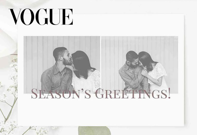 Vogue logo above a holiday photo card featuring two black-and-white couple portraits with the greeting “Season’s Greetings!” printed across the front.