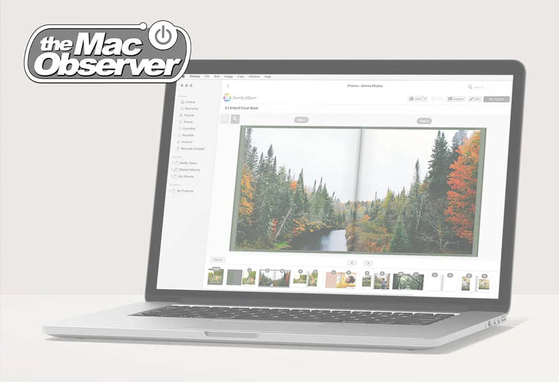 Laptop displaying photo book editing software with a landscape image spread across two pages, with The Mac Observer logo.